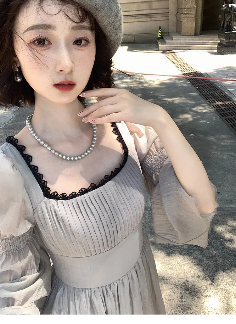 Autumn Princess Midi Dresses for Women Square Collar Flare Sleeve A-line Party Dress Slim Waist Korean One Piece Vestidos New