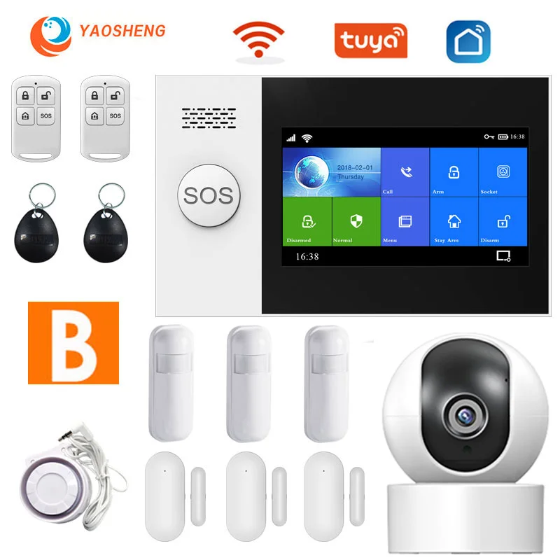 YS PG107 Tuya Security Alarm System Kit Smartlife App Control With Ip Camera Auto Dial Motion Detector WIFI Gsm Home Smart Alarm ring keypad red light Alarms & Sensors