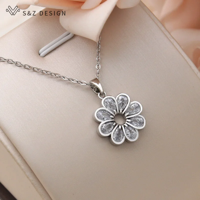 S&Z DESIGN New Fashion Elegant 585 Rose Gold Color Flowers Cubic Zirconia Pendant Necklace For Women Romantic Jewelry Gift