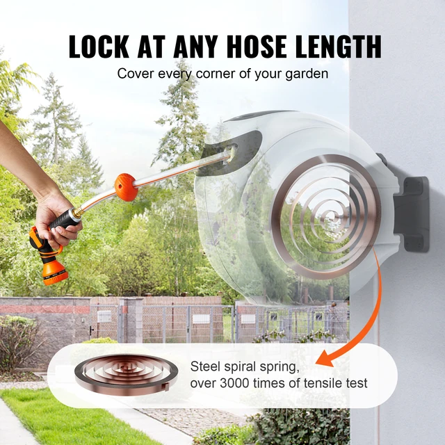 SucceBuy Retractable Hose Reel 180° Swivel Bracket Wall-Mounted Garden Water Hose Reel with 9-Pattern Nozzle Automatic Rewind
