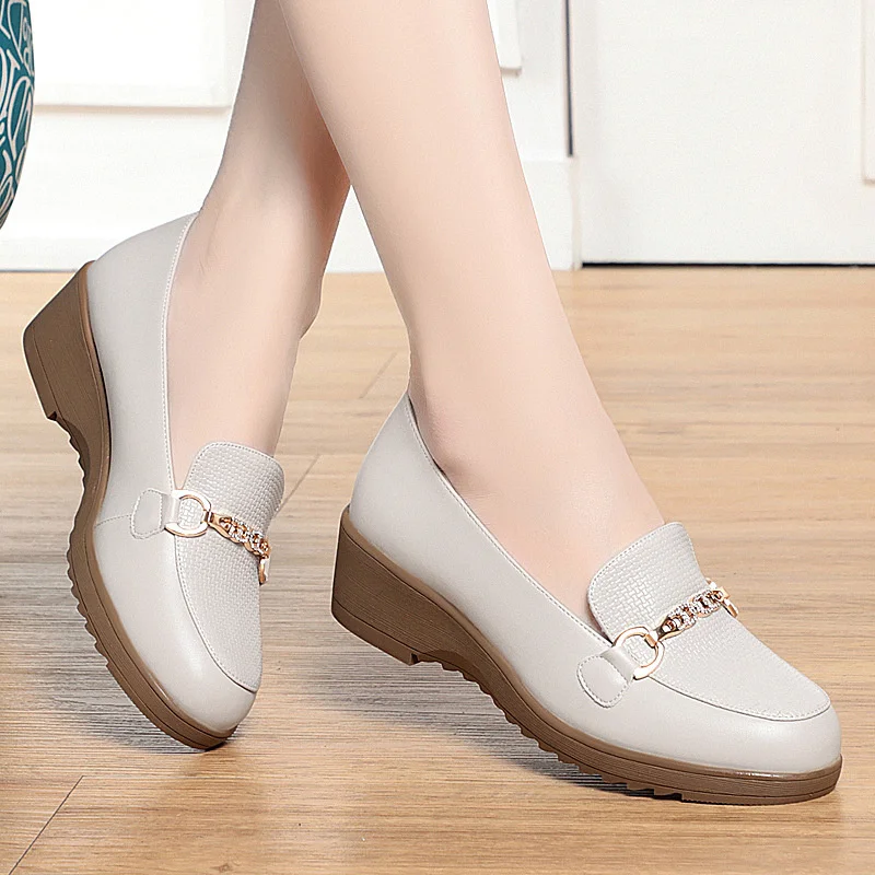 Spring Summer Women Loafers Flat Shoes Height Increasing Black Footwear Slip-on Moccasins Casual Wedge Soft Leather Shoes