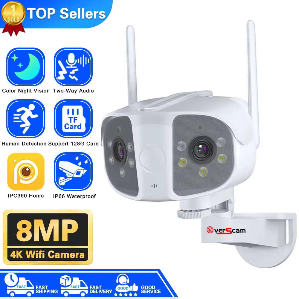 Beveiligingscamera's, 8MP 4K Dual Lens PTZ IP-camera met dubbel scherm 4MP Ai Menselijke detectie Auto Tracking Draadloze buitenbewakingscamera(4MP Add 64G SD Card