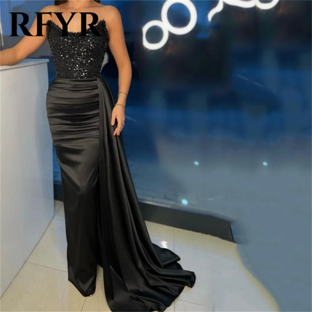 

RFYR Black Prom Dress Sexy Mermaid Long فساتين السهرة Strapless Party Dress Beaded Sequined Sparkly Formal Party Evening Gowns