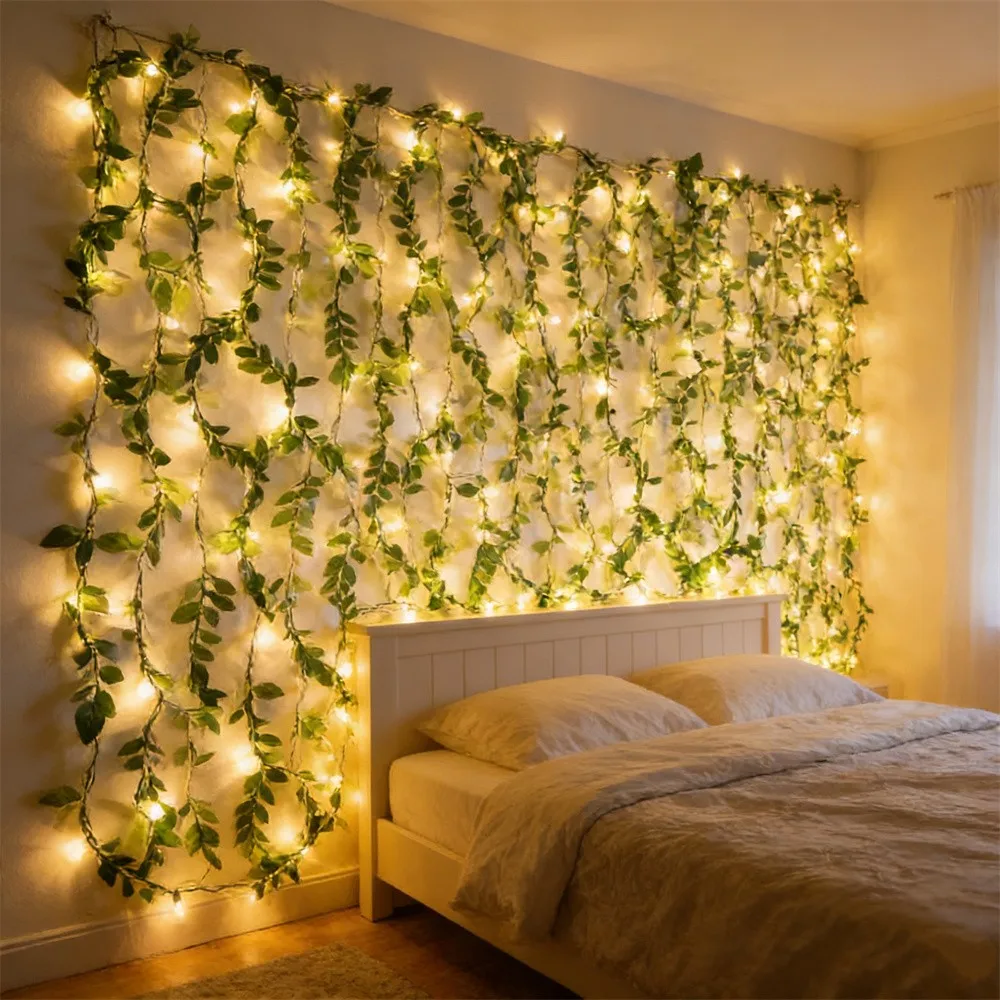 Festoon LED Green Rattan Leaf Lights String Battery Power Lighting for Wedding Party Outdoor Garden Holiday Home Room Decoration