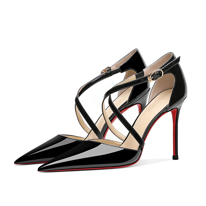

2023 Summer New Cross Strap Headed Sandals Women's Thin Heels Sexy One line Red Sole Hollow High Heels