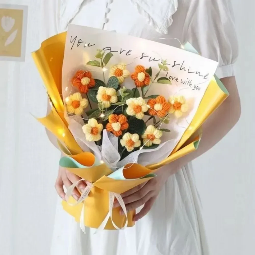 1pc Crochet Flowers Bouquet Finished Graduation Flower Bouquet With Gift Bag Led Lamp String Festival Decoration Handmade Gifts