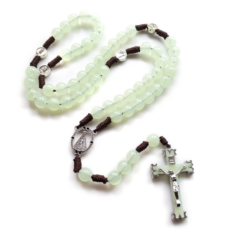 10mm Rosary Beads Luminous Necklace Jesus Crucifix Cross Pendant Necklaces Glow in Dark Religious Jewelry For Men Women Gift catholic rosary necklace
