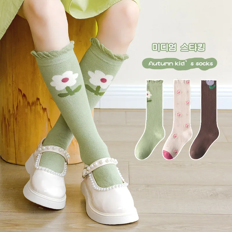 Spring Girls Socks Sweet Floral Pattern Long Socks Kids Cotton Soft Knee Socks For 1-8 Year-old Child 3 Pairs/lot 1