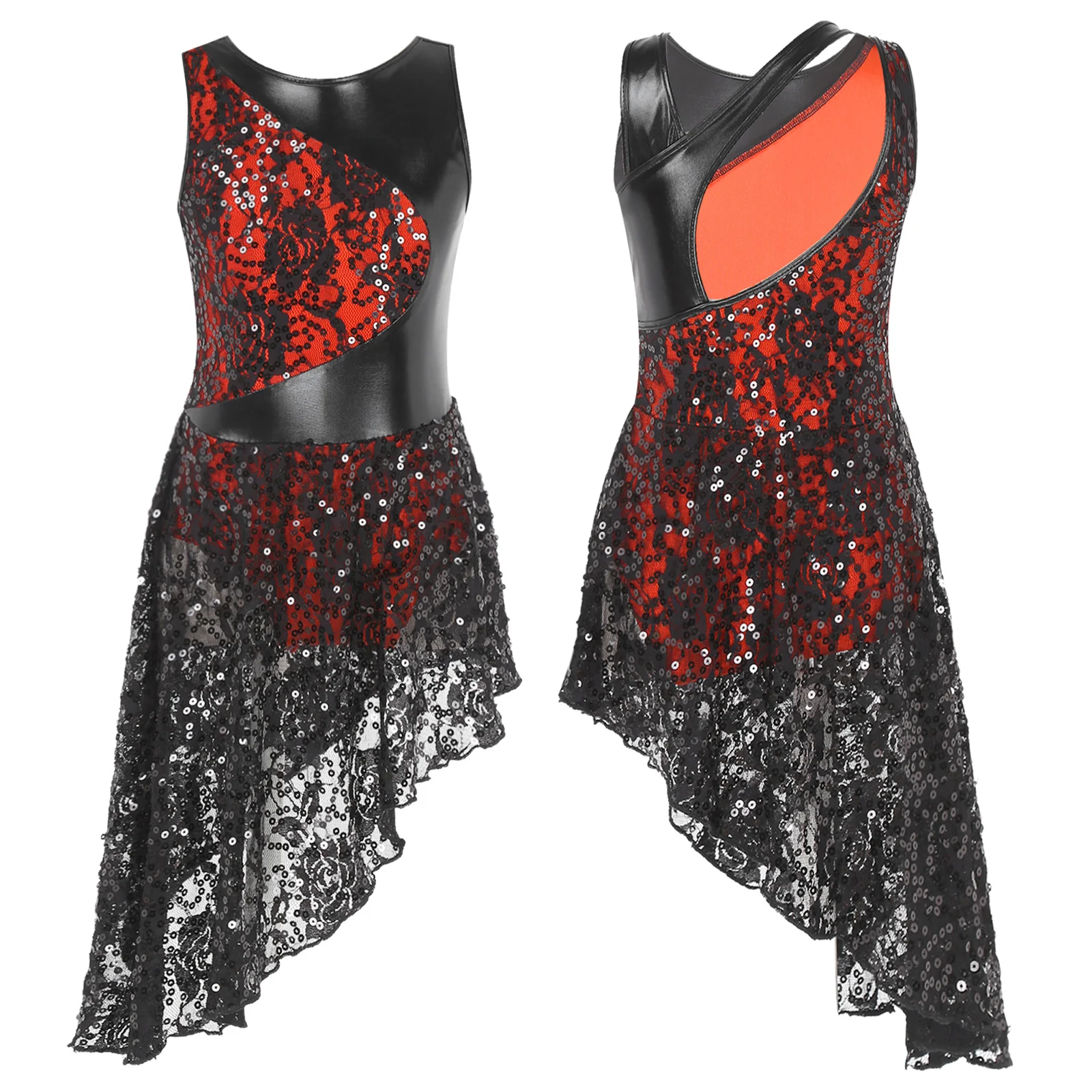 thumbnail image 1 of Vestido de baile de Jazz para niñas, sin mangas, escote redondo, estilo de telas combinadas, lentejuelas brillantes, dobladillo Irregular, traje de leotardos de baile, 1 of 5