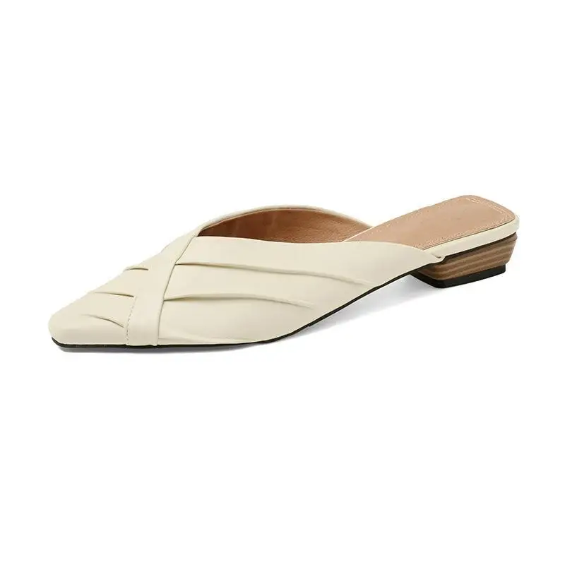 2024 Spring/Summer Low Heel Square Head Genuine Leather External Wearing Slippers, Baotou Sandals, Women's Muller Shoes