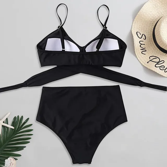 Bikini acolchado de cintura alta para mujer, traje de baño negro con realce, ropa de playa, 2024 - Imagen 5