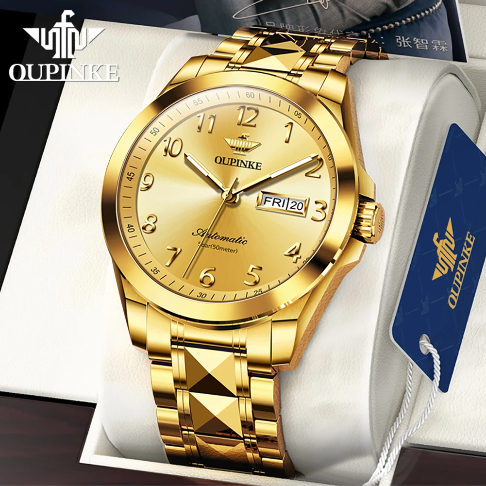 

OUPINKE Original Gold Watch for New Men Luxury Automatic Mechanical Sapphire Crystal Fashion Diamond Waterproof Wristwatch Gift