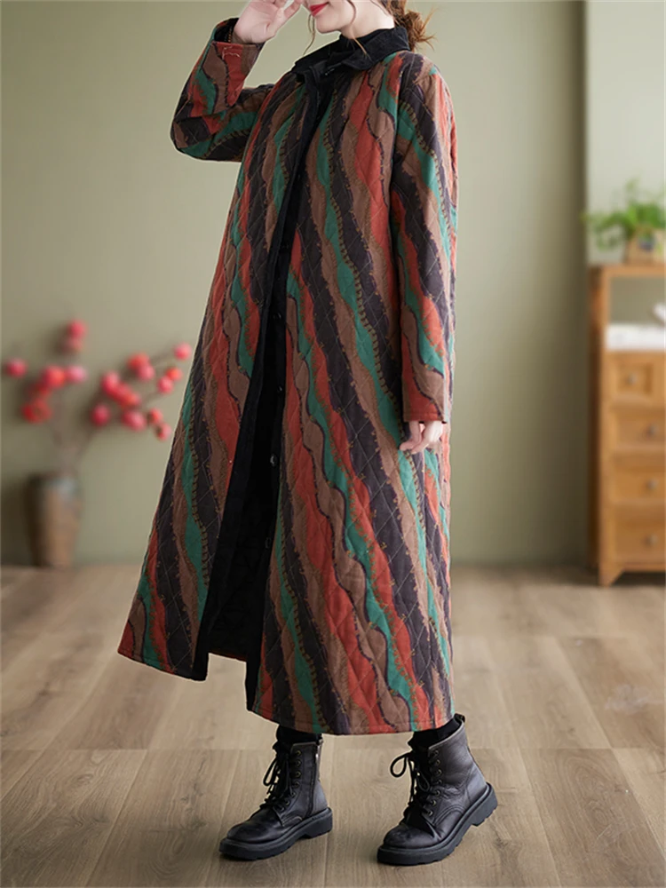Winter Cotton Coat Ethnic Style Long Sleeve Vintage Single Breasted Women Patchwork Casual Loose Medium Length Striped Outerwear