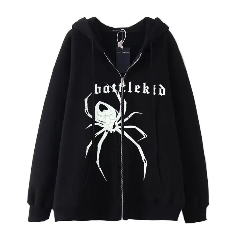 

Gothic Ins Big Spider Y2K Zip Up Women's Hoodies&Sweatshirt Loose Oversized Harajuk High Street Hip Hop Streetwear Tops