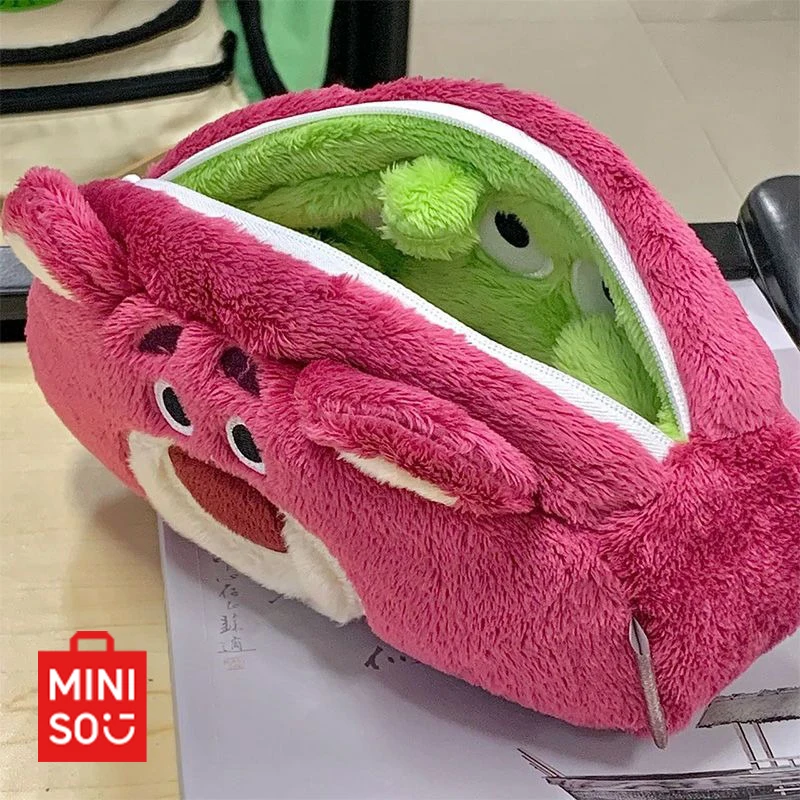 

New Miniso Disney Strawberry Bear Stationery Bag Kawaii Lotso Double Sided Usable Plush Stationery Storage Bag Pencil Case