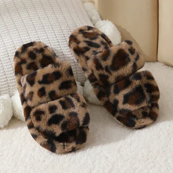 Leopard Pattern Plush Winter Slippers for Women Open Toe Soft Sole Fuzzy House Shoes Woman Indoor Comfort Warm Faux Fur Slippers 1