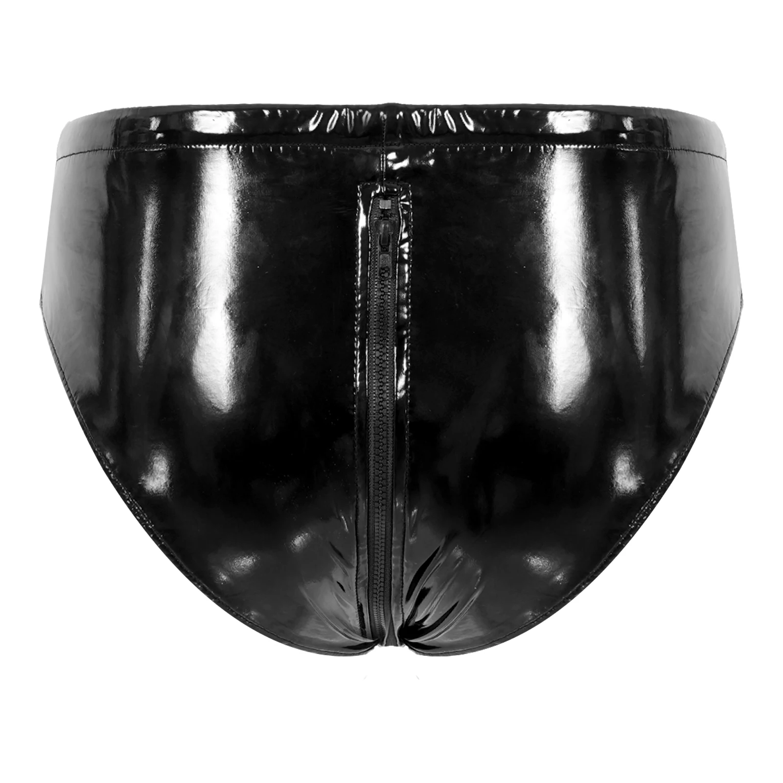Mens Glossy Drawstring Low Waist Zipper Briefs Panties Wet Look Patent Leather Underpants Underwear Club Stage Show Costume