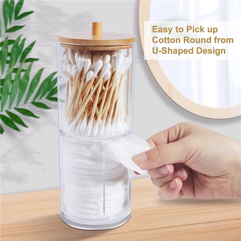 Description Picture 5 of itemPortable Bamboo Lid Cotton Swab Storage Box Round Transparent Acrylic Multipurpose Makeup Remover Cotton Boxes