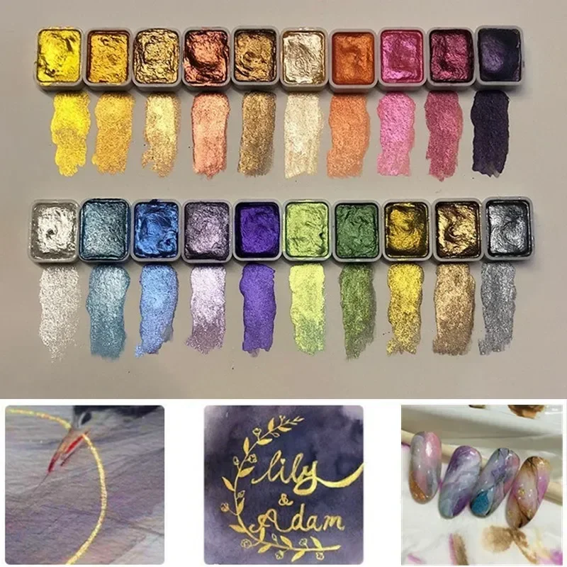 20 Color 1ml Solid Watercolor Pigment Set Gold and Silver Powder Mineral Pearl Pigment Art Watercolor Painting Nail Decoration