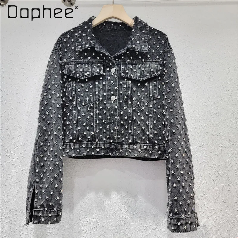 

Ins Full Diamond-Embedded Jean Jacket Female 2024 Spring New Women's Loose All-Matching Long Sleeve Black Short Denim Coat Mujer
