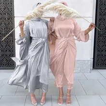 

3 Pieces Matching Muslim Sets Eid Satin Abayas for Women Dubai Hijab Dress Open Abaya Kimono Islam Outfit Wrap Front Maxi Dress