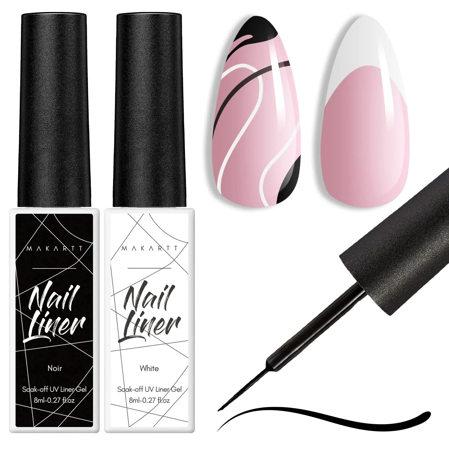 Nail Gel Nail Polish Liner Set 8ML 2 Color Nail Art Summer French Polish White Black for French Tip Swirl Draw Soak Off