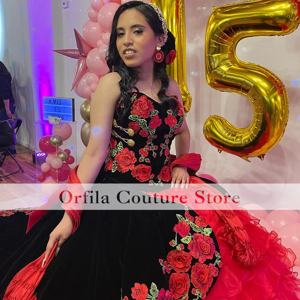 Фото Красные черные платья с вышивкой Quinceanera Мексики Charra XV многослойное атласное с коротким рукавом милое 15 платье на день рождения Одежда для выпускного вечера №3