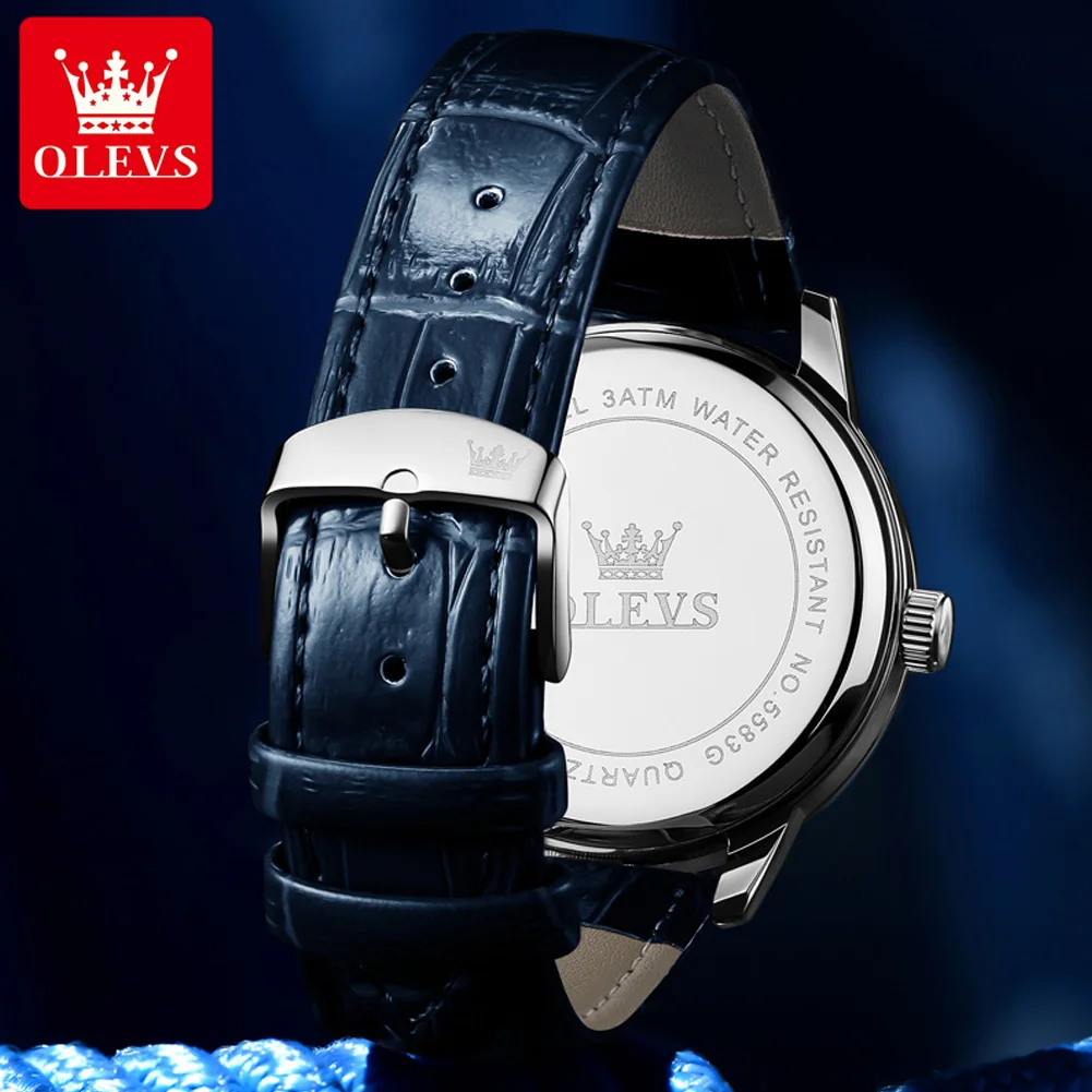 OLEVS New Fashion Blue Quartz Watch for Men  Leather Strap Waterproof Luminous Mens Watches Top Brand Luxury Relogio Masculino