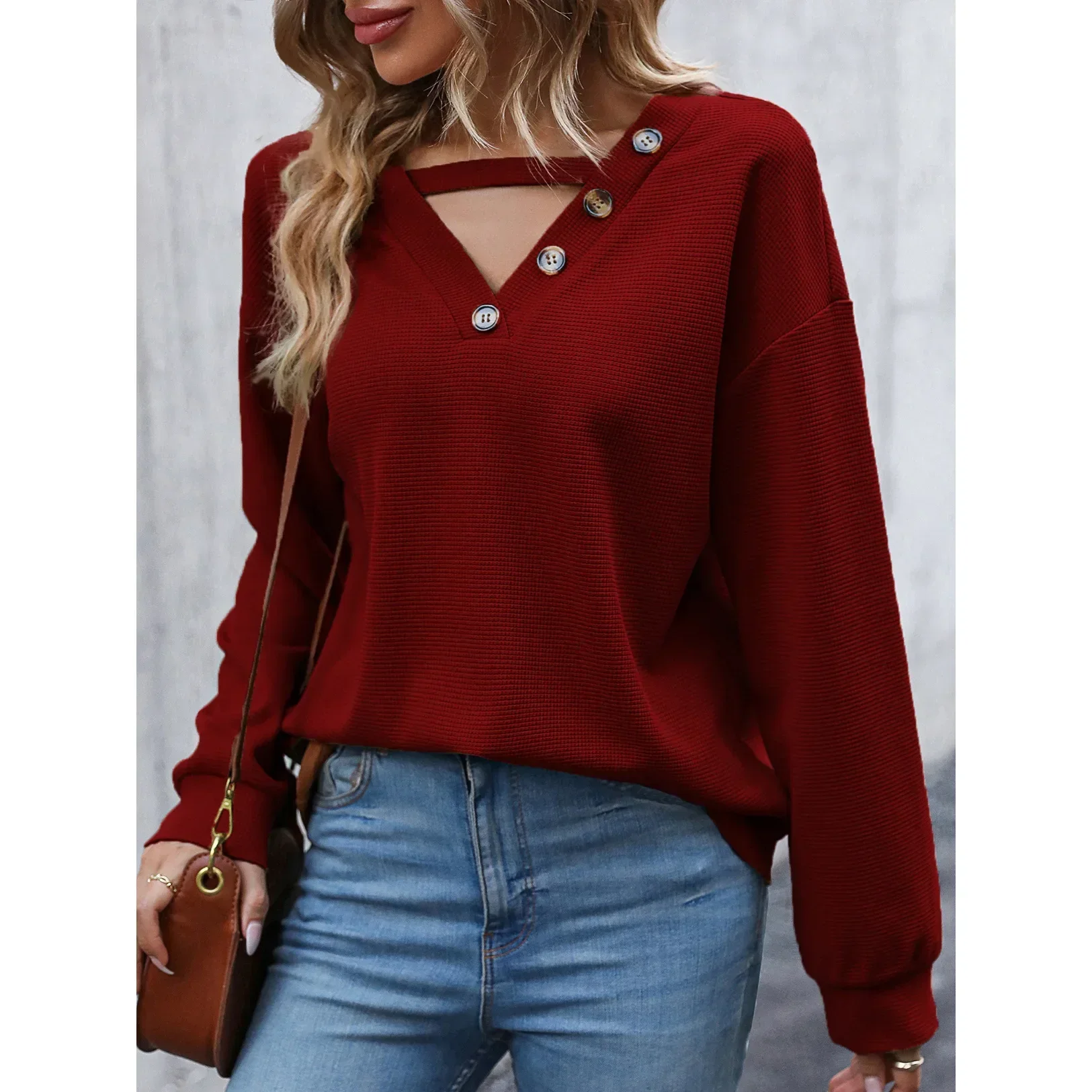 

Fashion Small Blouse 2023 fall new long-sleeved hollow V-neck knitted tops gray22