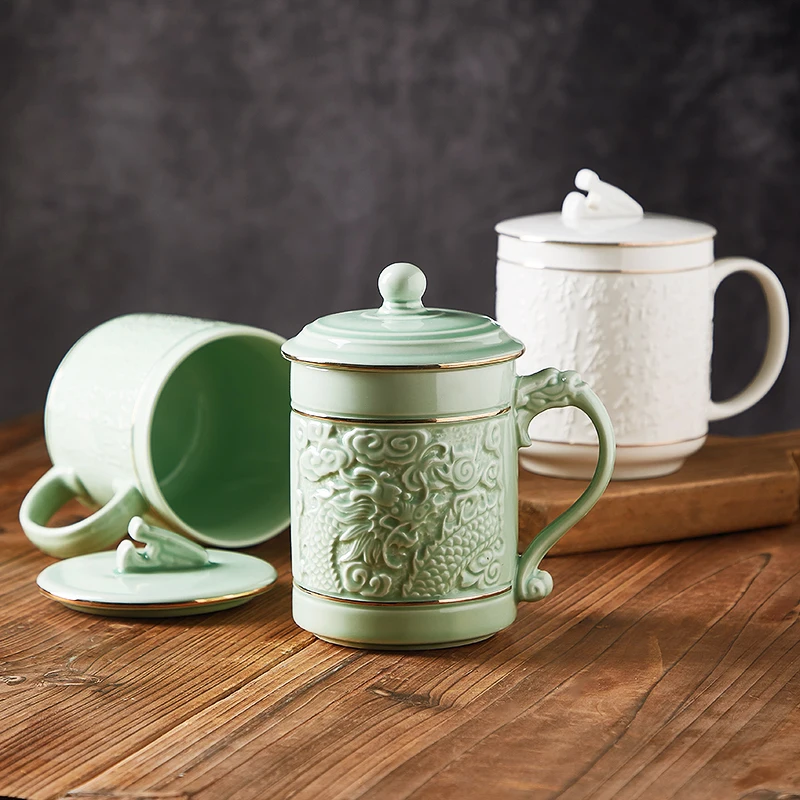 Chinese Style Pattern With Cover Ceramic Personal Mugs, Creative Household tea service items Milk Water make tea Cup, 400ml, 1Pc