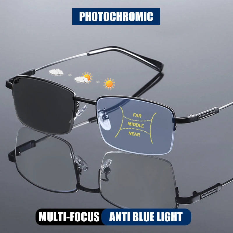 

HUYING Retro Metal Half Frame Photochromic Reading Glasses Men Progressive Multi-Focus Anti Blue Ray Hyperopia Presbyopia Glasse