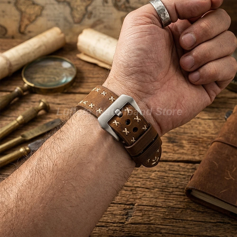 Vintage Thick Genuine Leather Watch Strap Bracelet with Pin Buckle