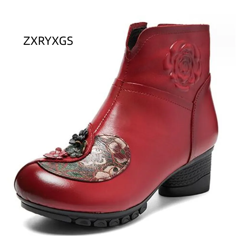 

ZXRYXGS Classic Flower Printing Premium Genuine Leather Boots Fashion Banquet Wedding Boots 2023 Autumn Winter Women Shoes Boots