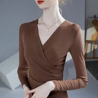 Autumn Winter 2024 New Cross V-Neck Long Sleeved Women's T-Shirt Solid Color Fold Elastic Mesh Tops Blusas 1