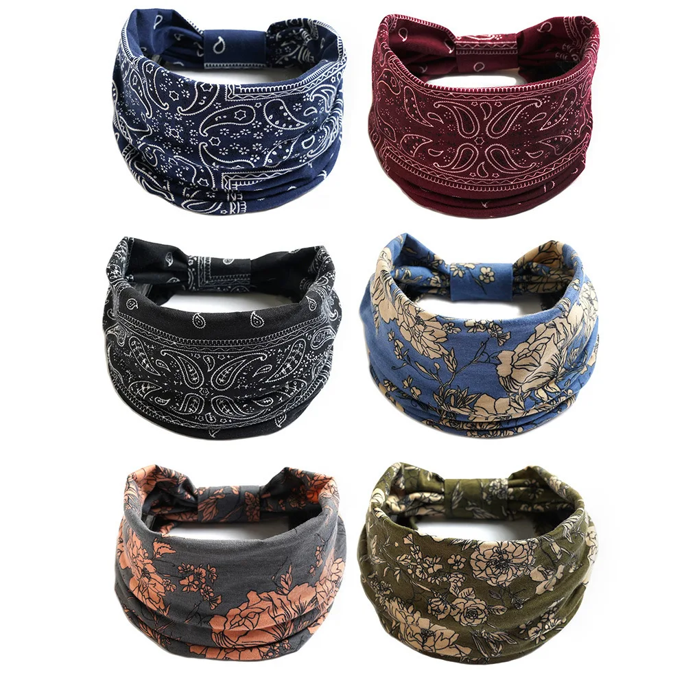 Neue Boho Blumen druck breite Stirnbänder Vintage Knoten elastische Turban Kopf wickel für Frauen Mädchen Baumwolle weiche Bandana Haarschmuck – Detail 4