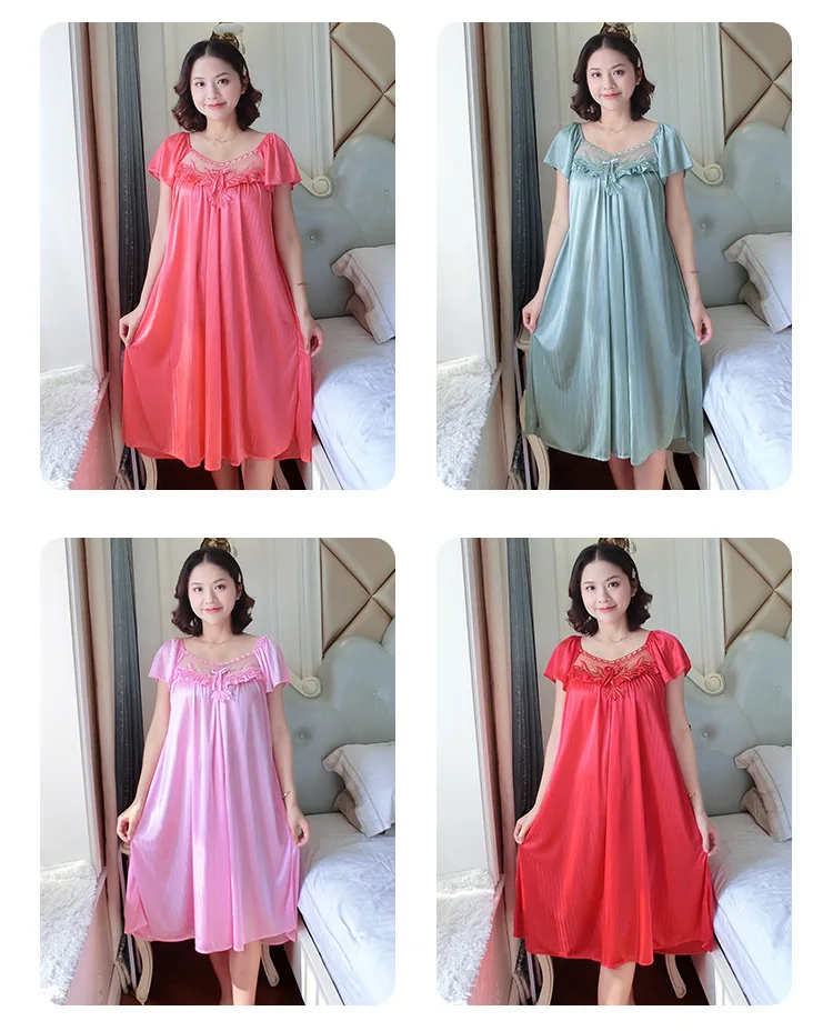 Ladies Nightdress Sexy Ice Lace Large Size Solid Color Flower Pajamas Thin Short-sleeved Lace Skirt Night Dress Women Dress