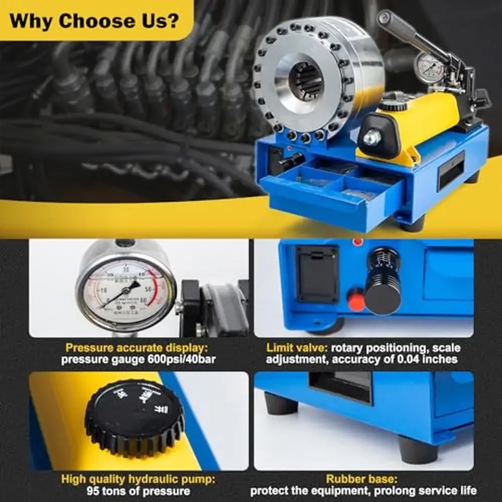 Hydraulic Hose Crimper 95 Tons Crimping Pressure Precision Limiter 8 Sets of Dies 6