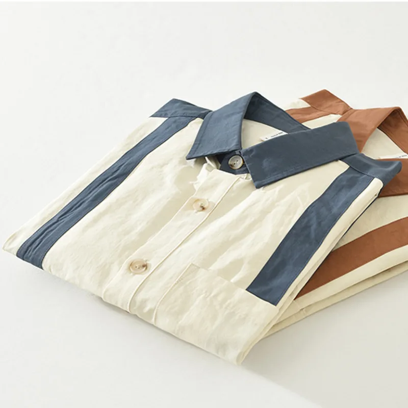 Vertical Striped Workwear Shirt Men Cotton Long Sleeve Bowling Spliced Shirt with Chest Pocket Casual Loose Fitting Cargo