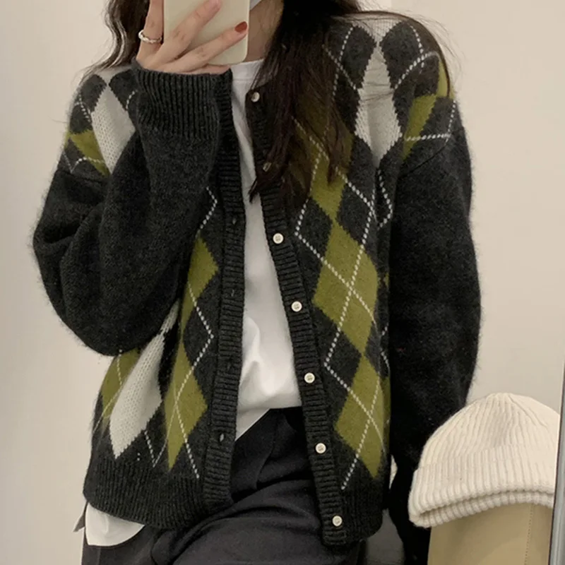 

Vintage V-Neck Plaid Long Sleeve Women Sweater 2022 Spring Autumn Short Knitted Cardigan Sweaters Womes Fashion Tops X107