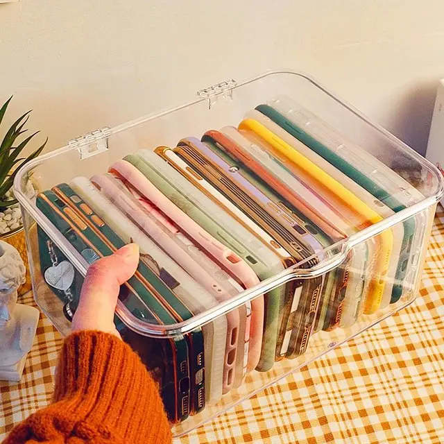 Panier de rangement d'articles divers en acrylique, support de coque de téléphone, boîte de rangement transparente avec couvercle pour bureau à domicile 6