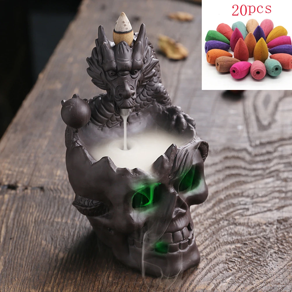 

20pcs Cone +Ceramic Backflow Dragon Incense Burner Creative Home Decor Dragon Burner Censer Smoke Waterfall Incense Holder