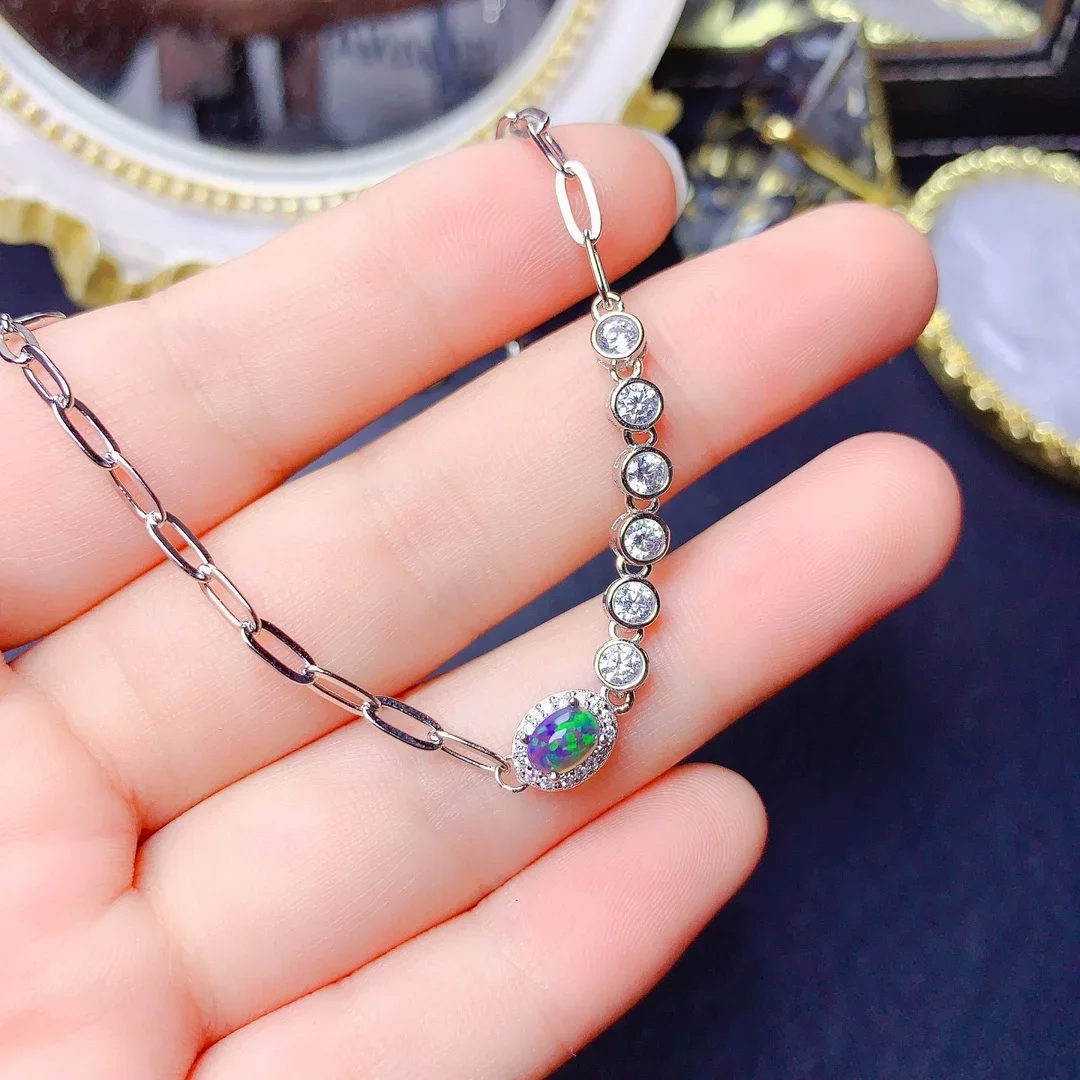 

Женский браслет из натурального черного опала, эксклюзивный классический браслет из стерлингового серебра 925 пробы, с яркой женской сумкой