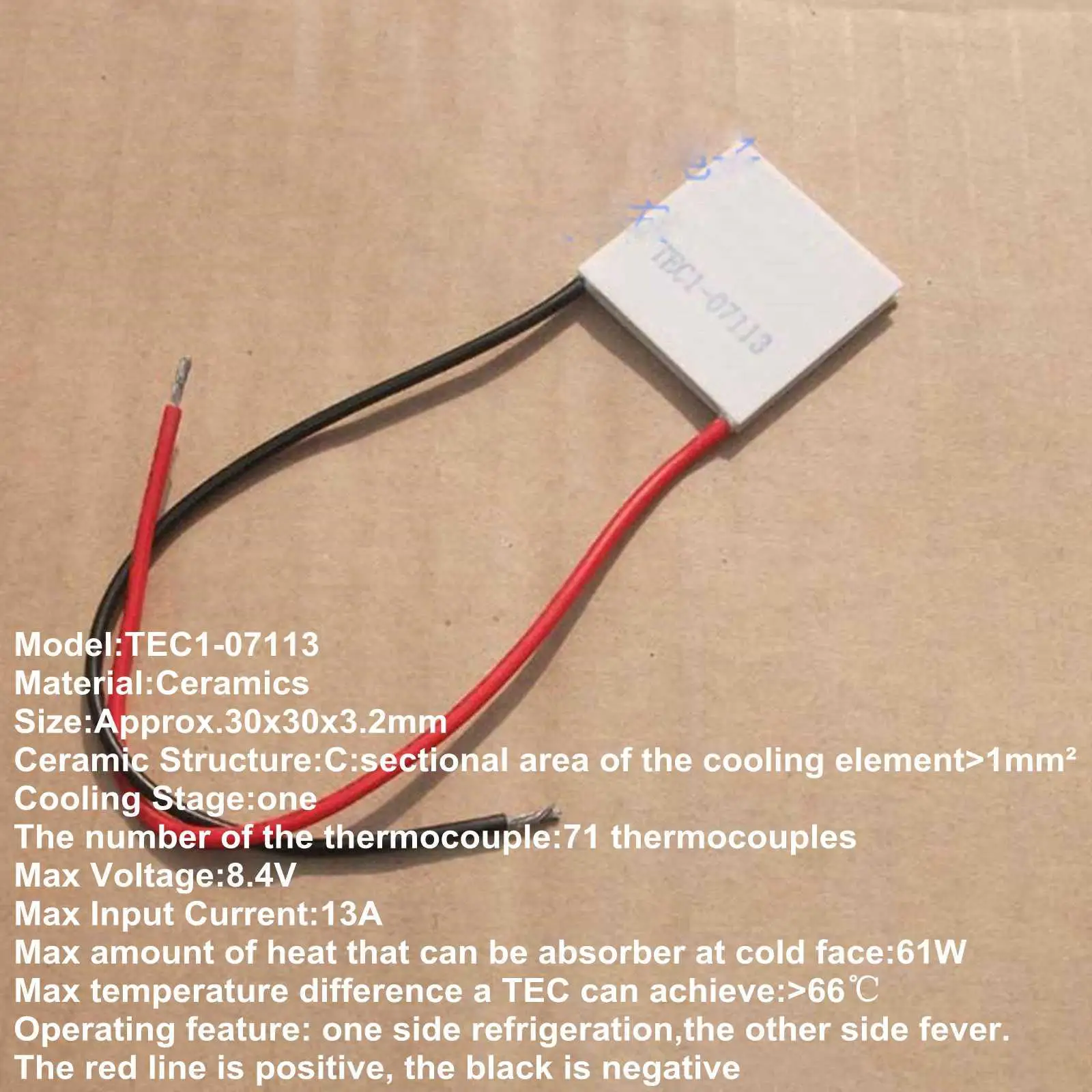 

30x30x3.2mm 13A 8.4V 61W TEC1-07113 Thermoelectric Cooler Peltier Heatsink