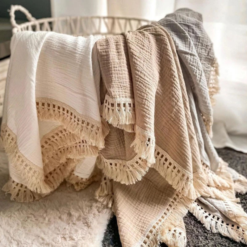 

Newborn Baby Blanket with Tassel Muslin Cotton Baby Receiving Blankets Infant Fringe Swaddle Babies Sleeping Quilt Bed Cover