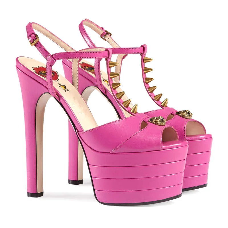 Runway Show Round Toe High Heels, Rivet Color Matching, Hollow Cross-Border Large Fish Mouth Fashion Sandals for Women