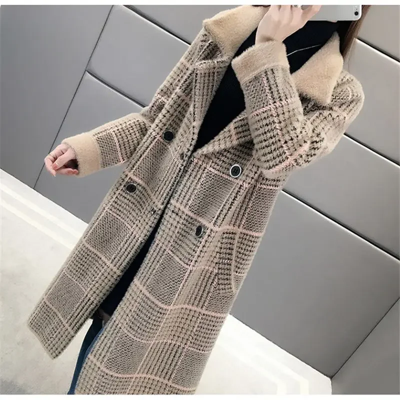 Imitation Mink Cashmere Coat Mid Long Faux Mink Velvet Jacket 2021 Winter Fall Loose Slim Thick Plaid Coat Soft Faux Fur Jackets autumn winter women s imitation mink woolen cashmere coat outerwear thick medium and long sweaters new middle aged jacket