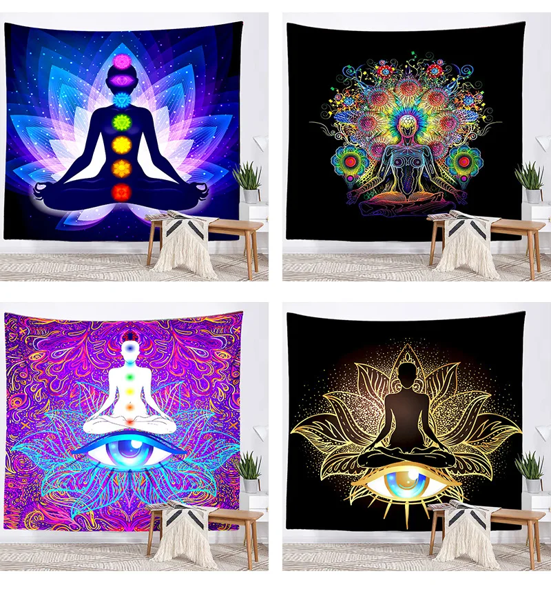 Indian Buddha Statue Meditation 7 Chakra Tapestry Wall Hanging Mandala Tapestries Wall Cloth Psychedelic Yoga Wall Hanging