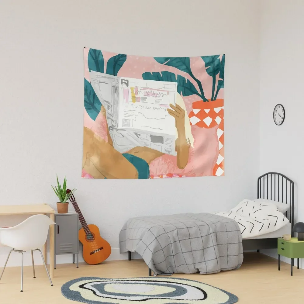 

Modern Bohemian Morning Newspaper | Tropical Banana Leaves Palm Watercolor | Boho Woman & Decor Tapestry