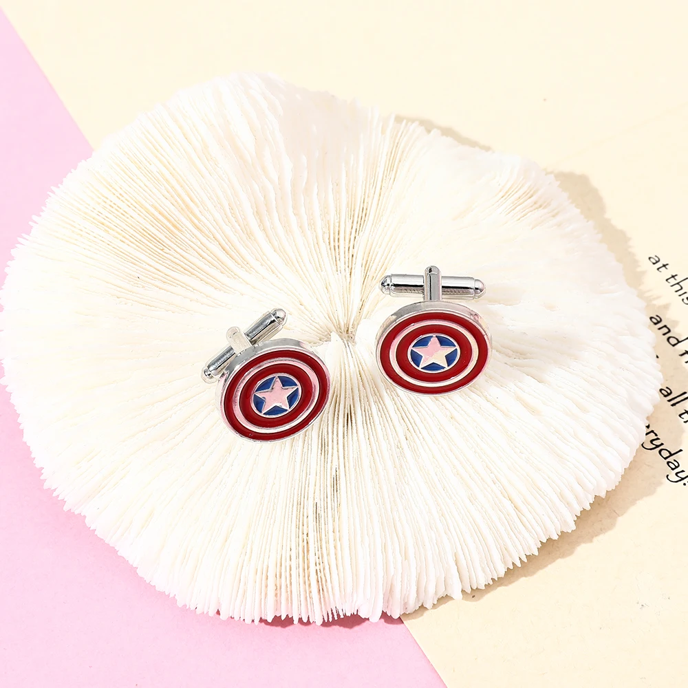 

Marvel Superhero Captain America Cufflinks The Avengers Zinc Alloy Cuff Links Red Enamel Shield Cufflinks for Men Accessories