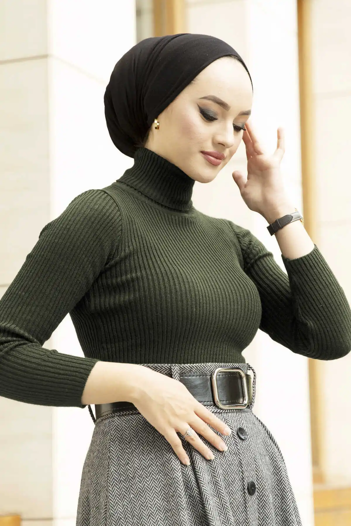 

-Throated Knitwear Sweater Khaki Winter Autumn 2021 Muslim Women Hijab headscarf Islamic Turkey